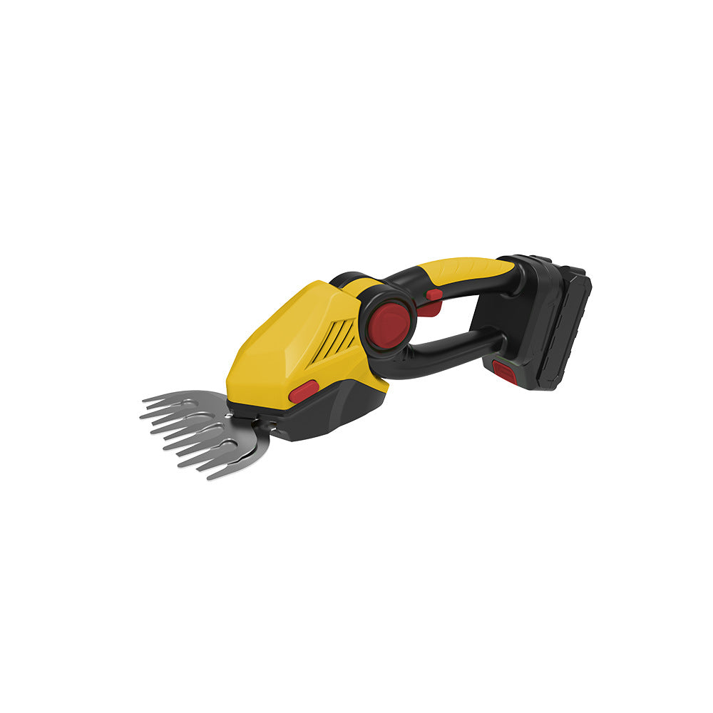 Small handheld wireless electric hedge trimmer in a garden setting, showcasing its sleek design and cutting blades.
