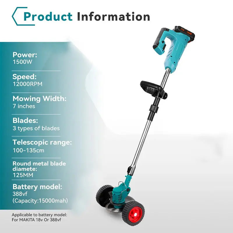 1500W Cordless String Trimmer - 7-Inch Mowing Width 12000RPM Grass Cutter With Telescopic Handle  For MAKITA Batteries 1