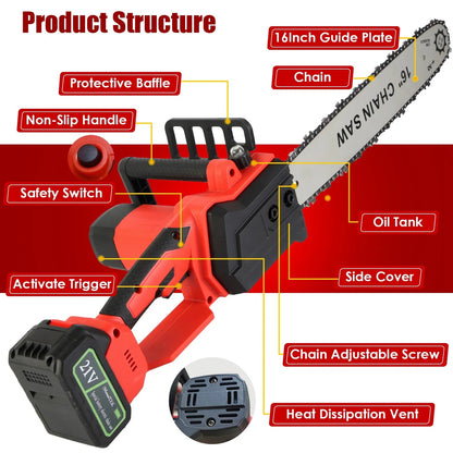 16Inch Electric Cordless Chainsaw With 2Pcs 21V 3.0Ah Battery And Charger Brushless Battery Operated Handheld Chainsaw With Auto Oiler Safety Switch For Tree Trimming Wood Cutting