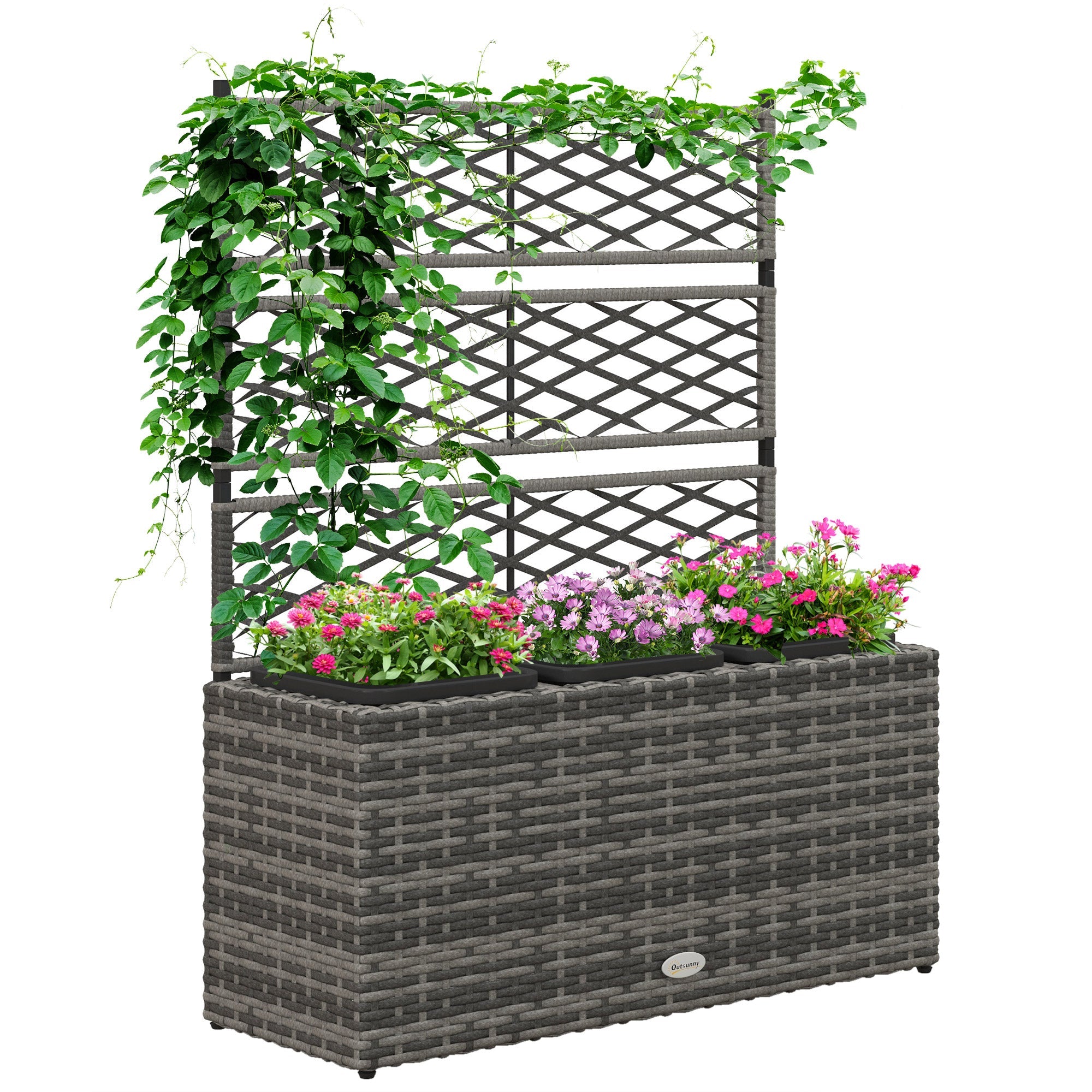 33L Light Grey Rattan Planter with Trellis for Climbing Plants - soilcommander