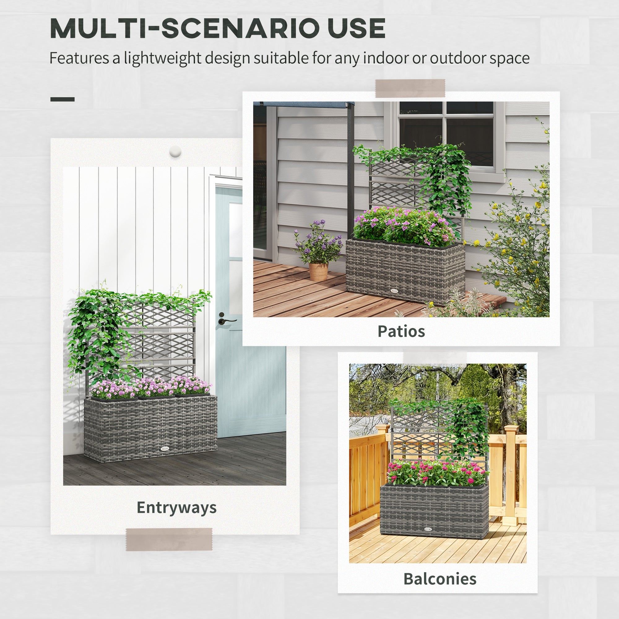 33L Light Grey Rattan Planter with Trellis for Climbing Plants - soilcommander