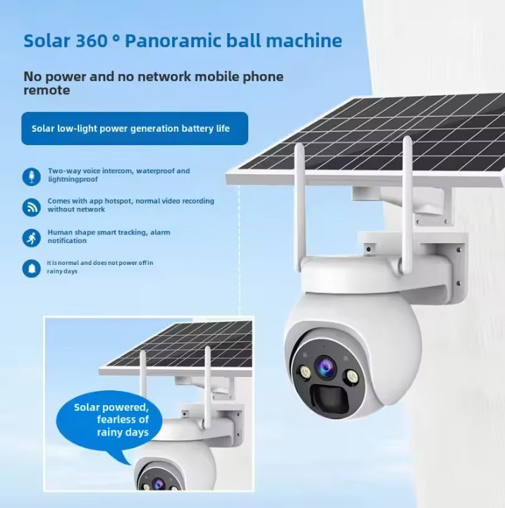 Solar-powered 360-degree panoramic ball machine with camera on a blue background