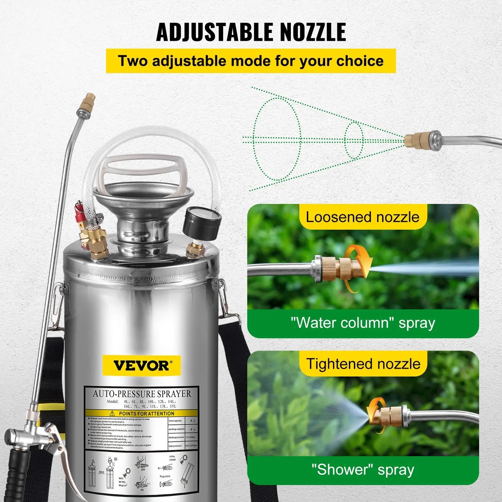Stainless steel garden pressure sprayer with adjustable nozzle for spray modes