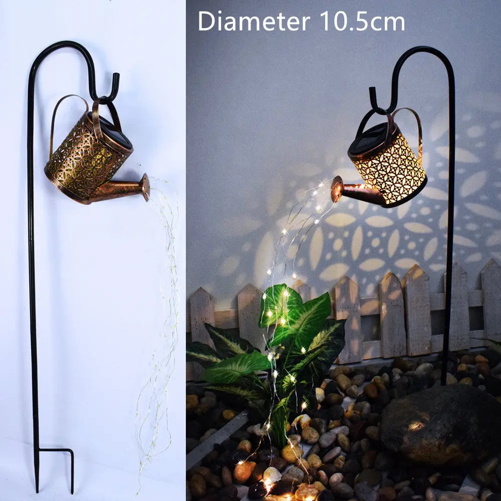 Enchanted Watering Can Outdoor Solar Watering Can Ornament Lamp Garden Art Light Decoration Hollow-out Iron Shower LED Lights 1