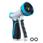 Adjustable garden hose nozzle with ergonomic handle and extra rubber washers