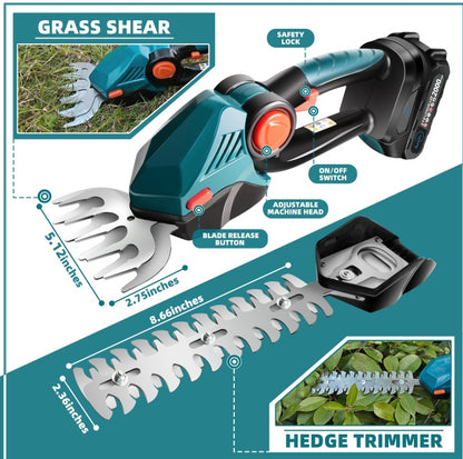 Cordless Hedge Trimmer, 2-in-1 Electric Handheld Grass Shears With 21V 2.0 Battery X2, Grass Trimmer, Mini Bush Trimmer Kit For Garden, Patio And Lawn