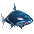 Remote control air swimming shark toy in flight, showcasing its sleek design and infrared control features.