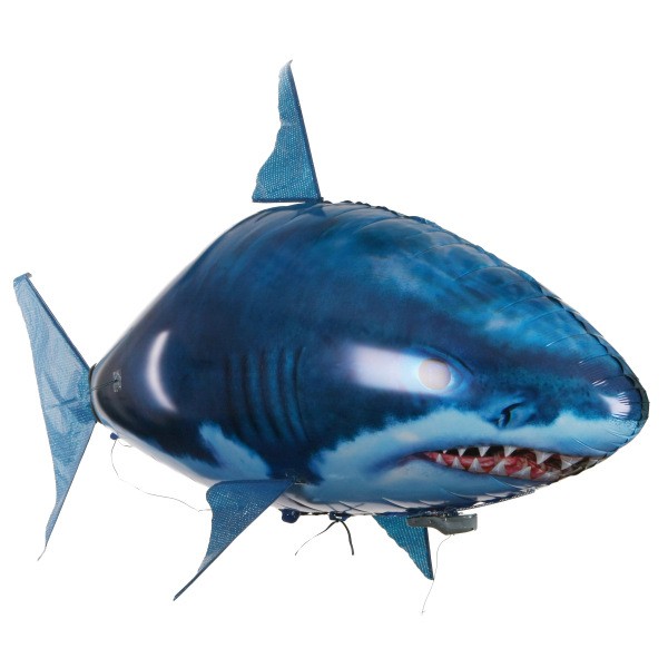 Remote control air swimming shark toy in flight, showcasing its sleek design and infrared control features.