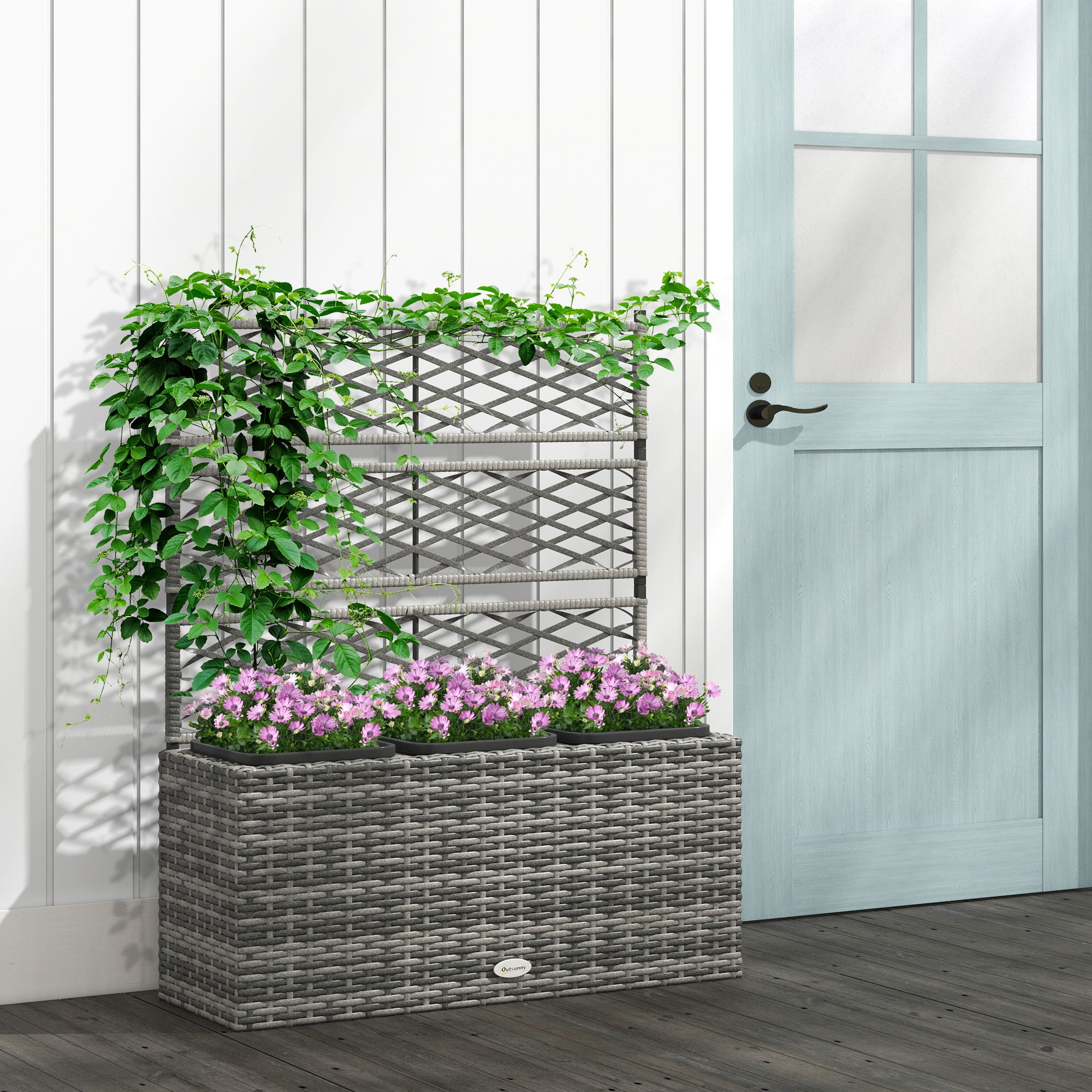 33L Garden PE Rattan Planter With Trellis, Free Standing Flower Raised Bed For Garden, Garden Planter For Climbing Plants, 84cm X 30cm X 107cm, Light Grey