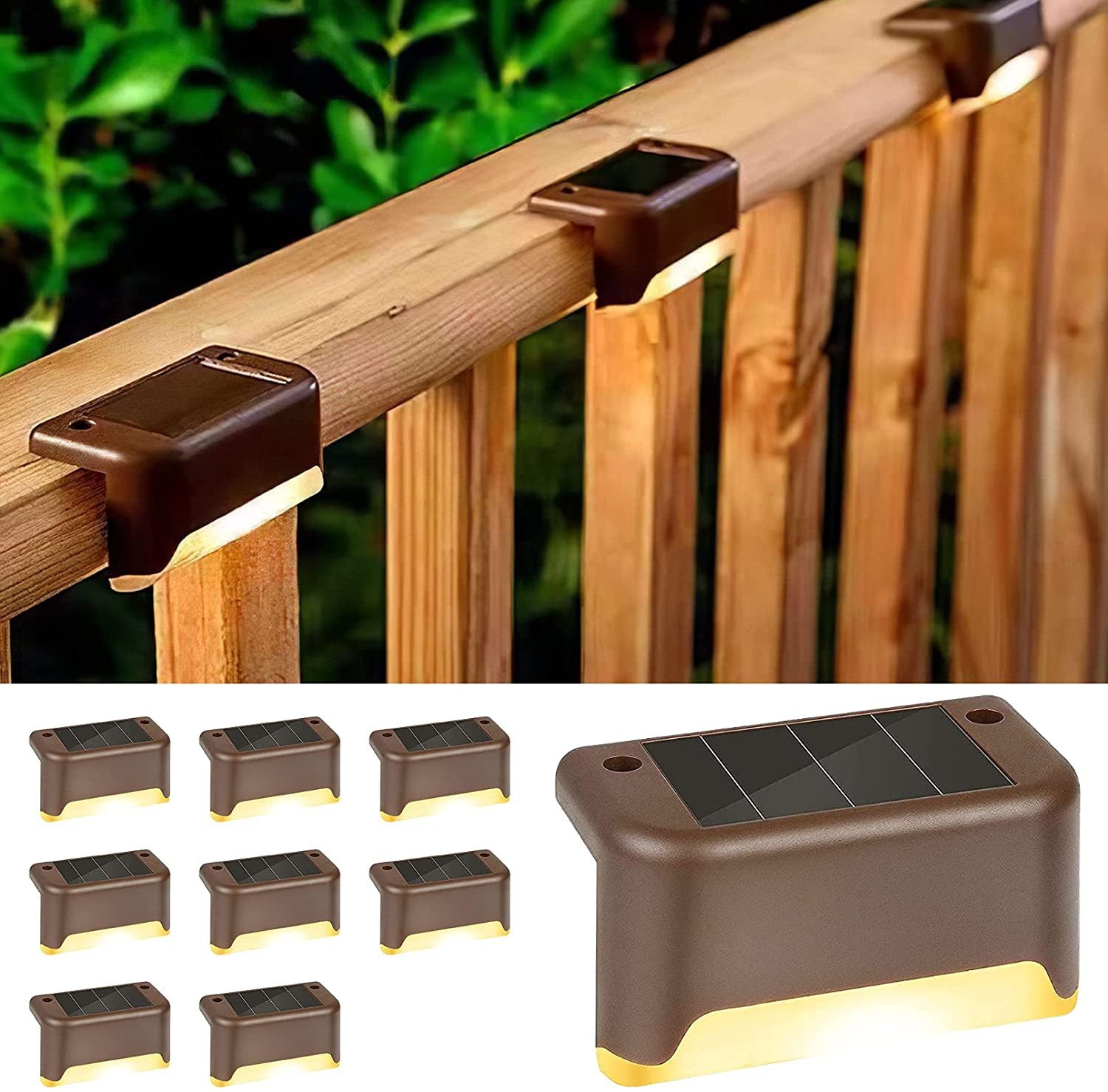 Solar LED step lights in a garden setting, showcasing waterproof design and auto dusk-to-dawn glow feature.