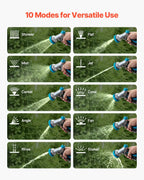 Garden hose nozzle showing 10 spray patterns including shower, mist, jet, and fan modes.
