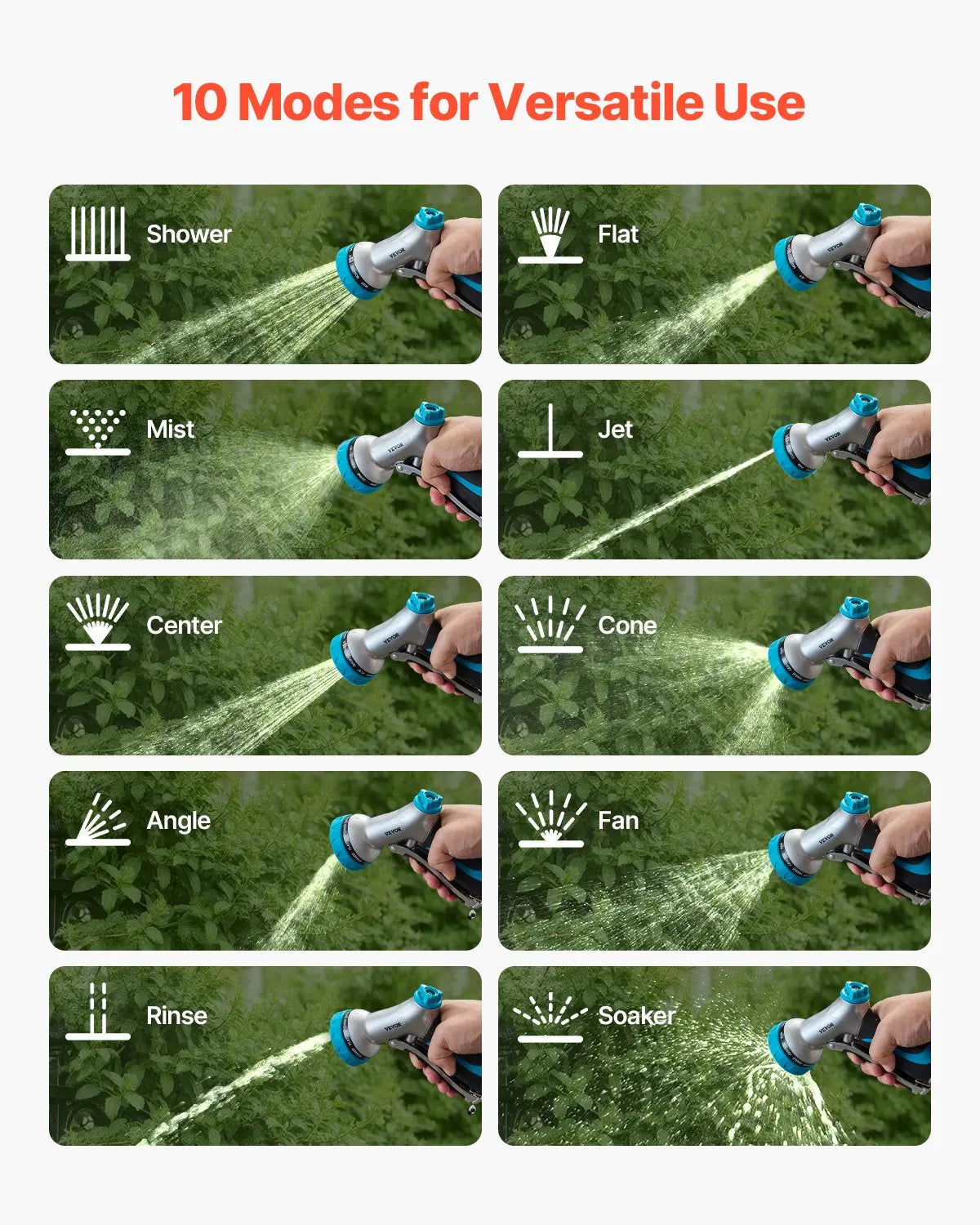 Garden hose nozzle showing 10 spray patterns including shower, mist, jet, and fan modes.