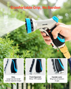 Adjustable garden hose nozzle with ergonomic grip watering plants, featuring comfort handle and easy control.