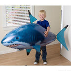 Remote control air swimming shark toy flying in the air with infrared technology, showcasing its fun design and movement.