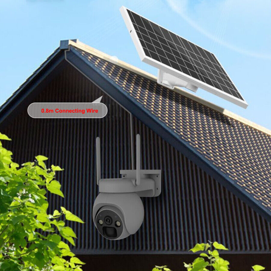 Solar-powered security camera on a roof with a clear blue sky.