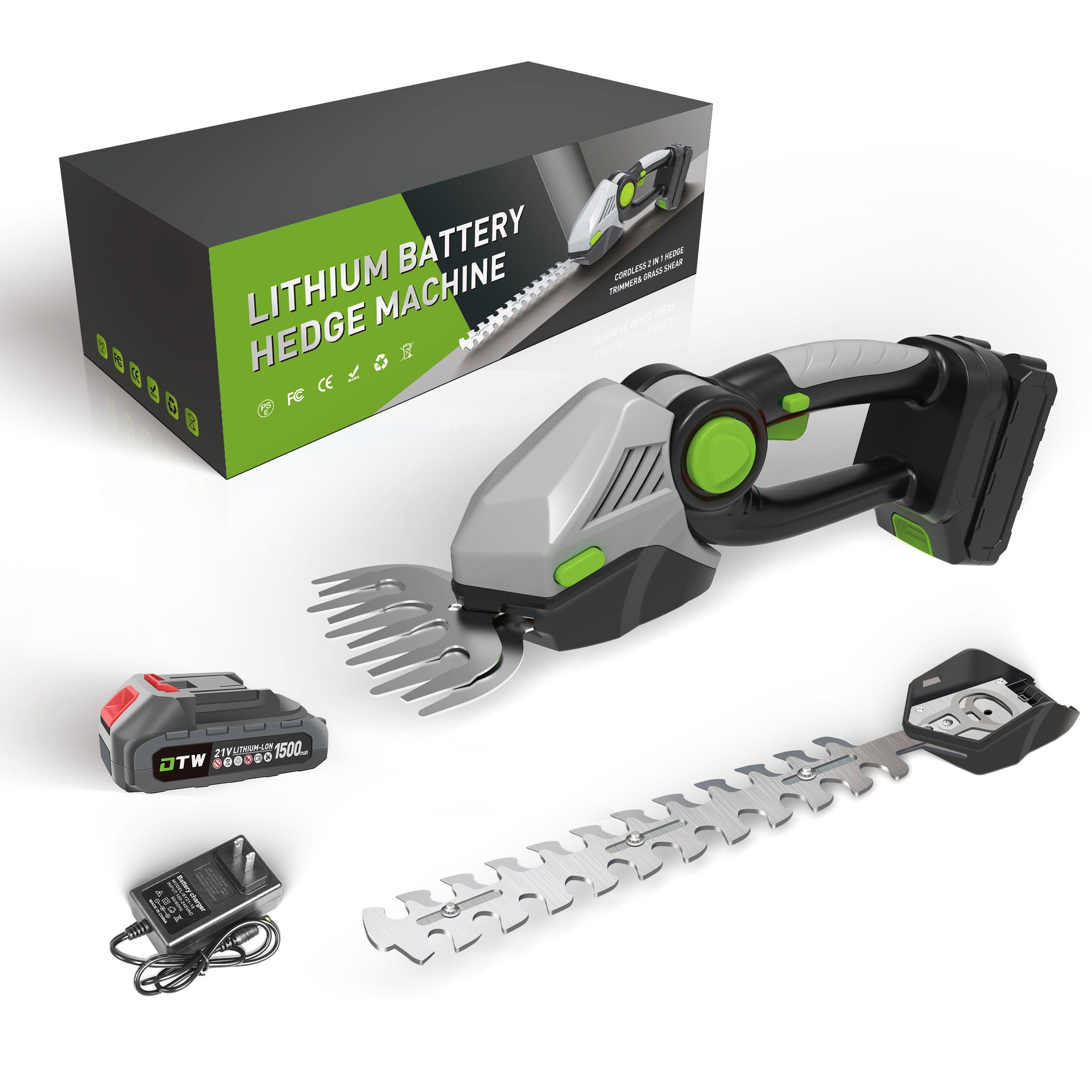 Wireless electric hedge trimmer in a compact design, ideal for small gardens, showcasing sharp blades and ergonomic handle.