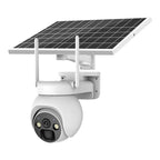 Solar-powered security camera with a solar panel on a white background