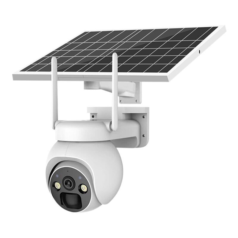 Solar-powered security camera with a solar panel on a white background