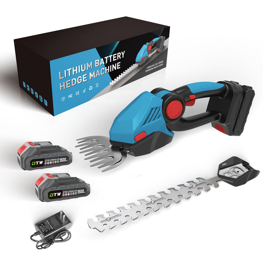 Small handheld wireless electric hedge trimmer by brand 1, featuring sharp blades and ergonomic handle for easy gardening.