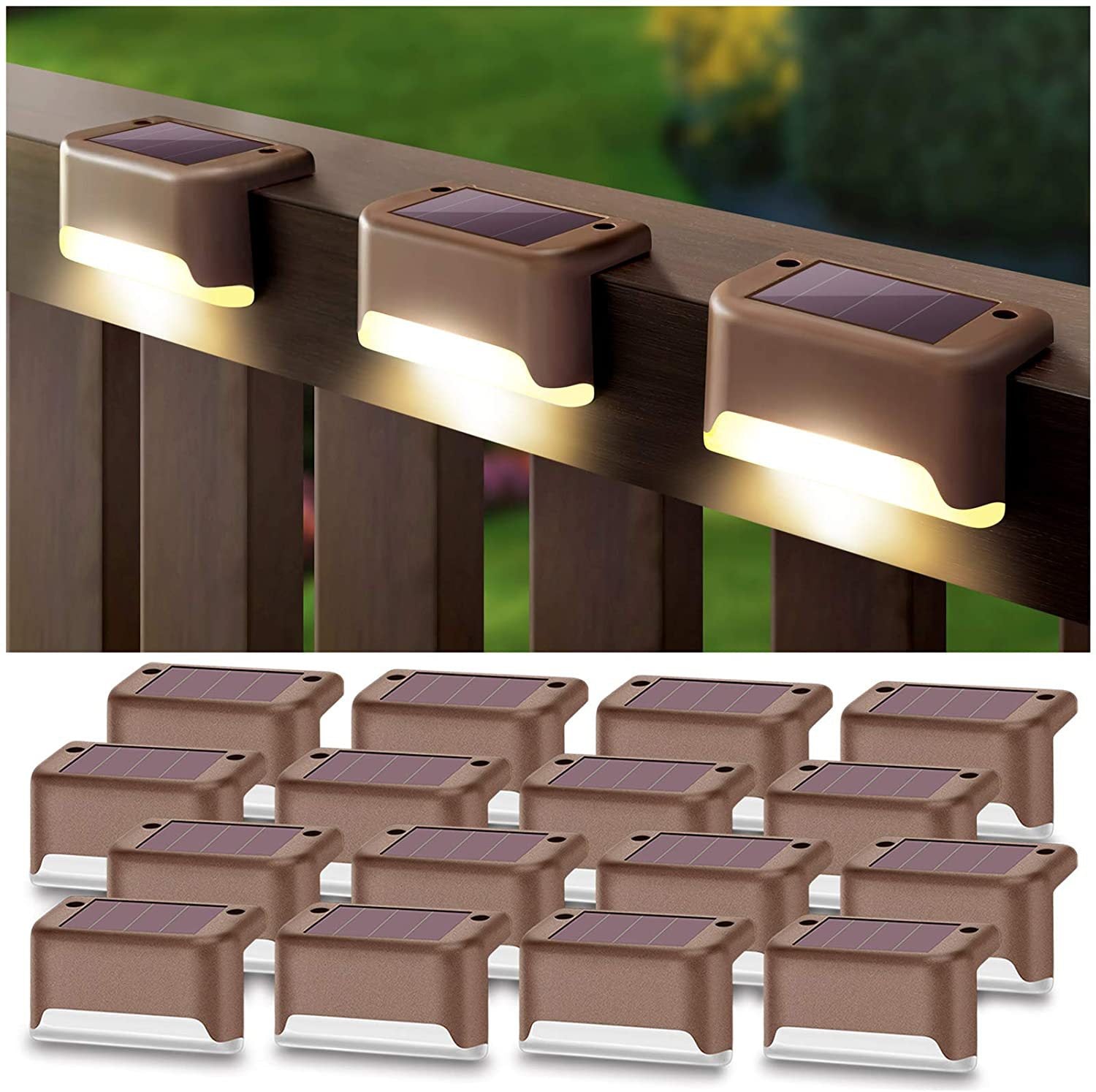 Solar LED step lights in a waterproof design, showcasing an outdoor setting with auto dusk-to-dawn illumination.