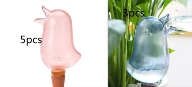 Bird-shaped self-watering globes for indoor plants, pink and blue, shown in sets of 5 and 3