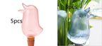 Bird-shaped self-watering globes for indoor plants, pink and blue, shown in sets of 5 and 3