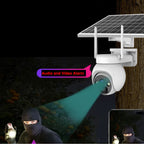 Security camera with solar panel and alarm system on a tree, with a person in a balaclava and mask in the background.