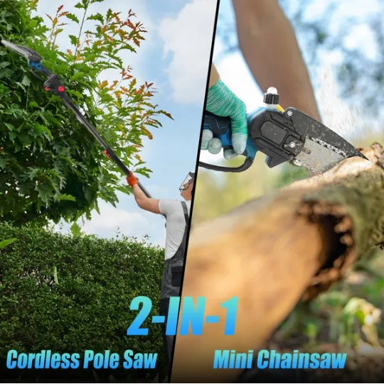 2-in-1 Cordless Pole Saw & Adjustable Length Chainsaw with Auto Oiler Safety Switch For Wood Cutting - 2Pcs 21V 3.0Ah Batteries Included