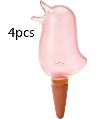 Set of 4 pink bird-shaped self-watering plant stakes for garden and indoor pots