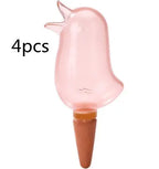 Set of 4 pink bird-shaped self-watering plant stakes for garden and indoor pots