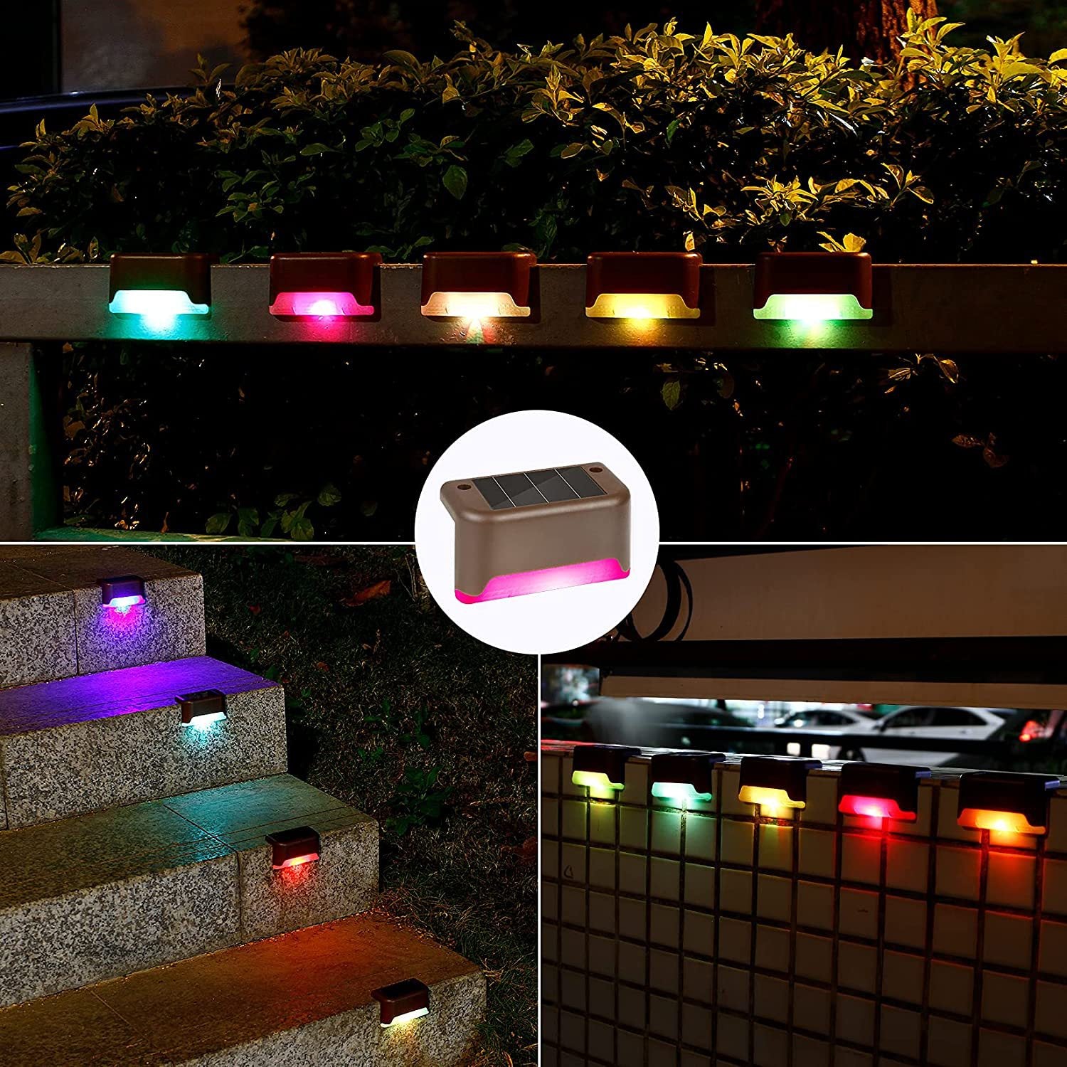 Solar LED step lights in outdoor setting, showcasing waterproof design with auto dusk-to-dawn glow feature.