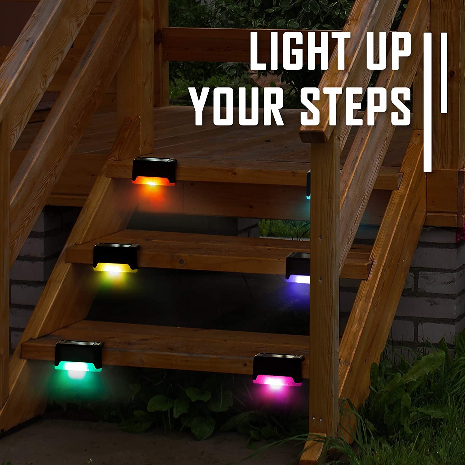 Solar LED step lights in a garden setting, showcasing waterproof design and automatic dusk-to-dawn illumination.