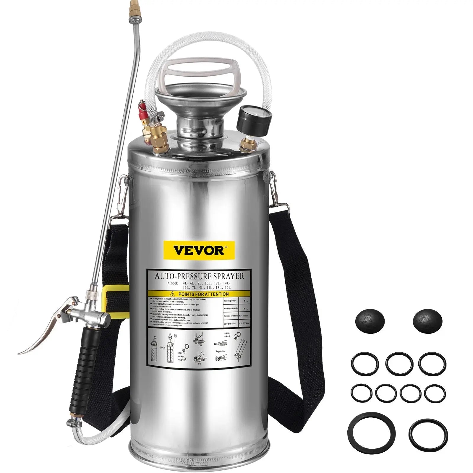Stainless steel garden pressure sprayer with hose, nozzle, and spare gasket set