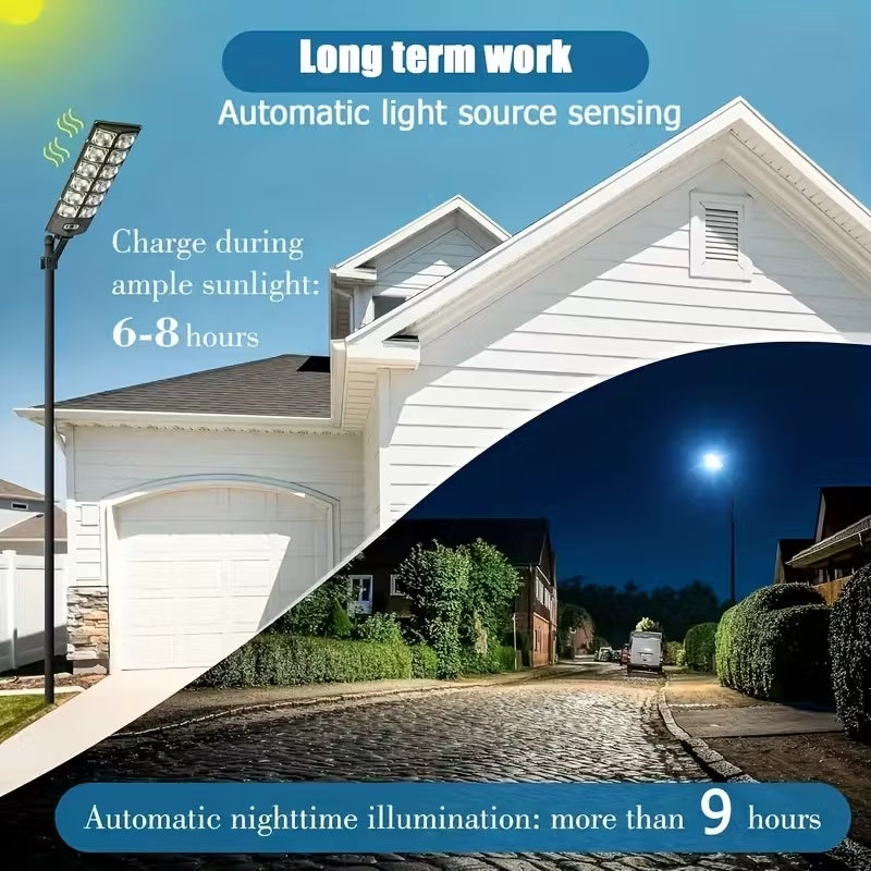 Solar LED motion sensor street light with remote control, illuminating a pathway at night.