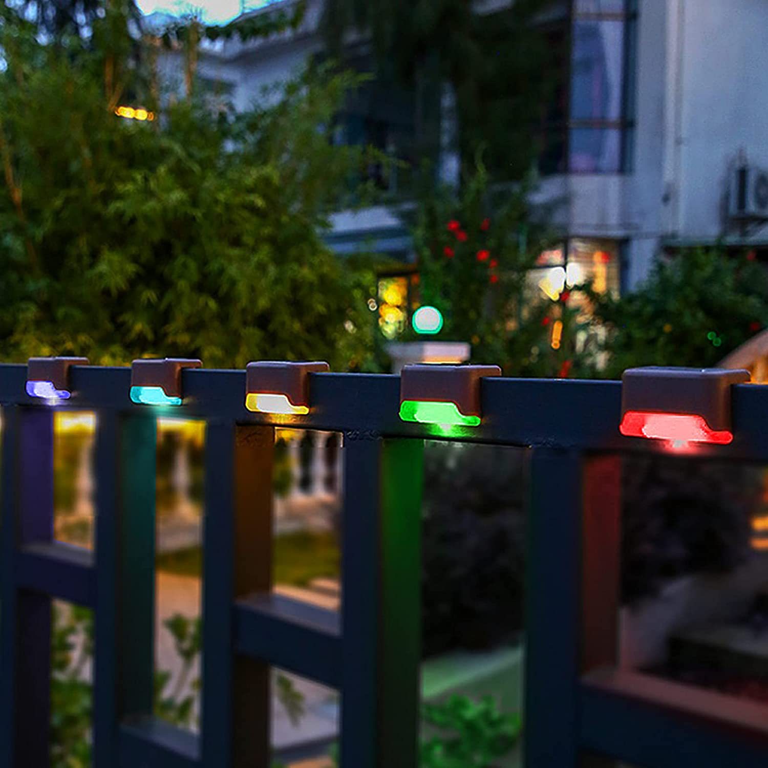 Solar LED step lights in a waterproof design, glowing automatically from dusk to dawn, illuminating outdoor pathways.