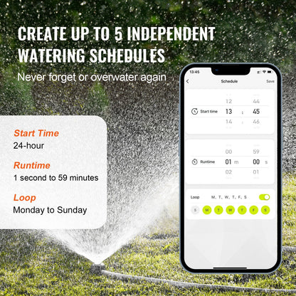VEVOR WiFi Sprinkler Timer, Single Outlet, Smart Hose Faucet Water Timer With Brass Inlet, APP Control Via 2.4Ghz WiFi Or Bluetooth, Voice Control With Alexa Google Assistant, IPX6 For Yard Watering