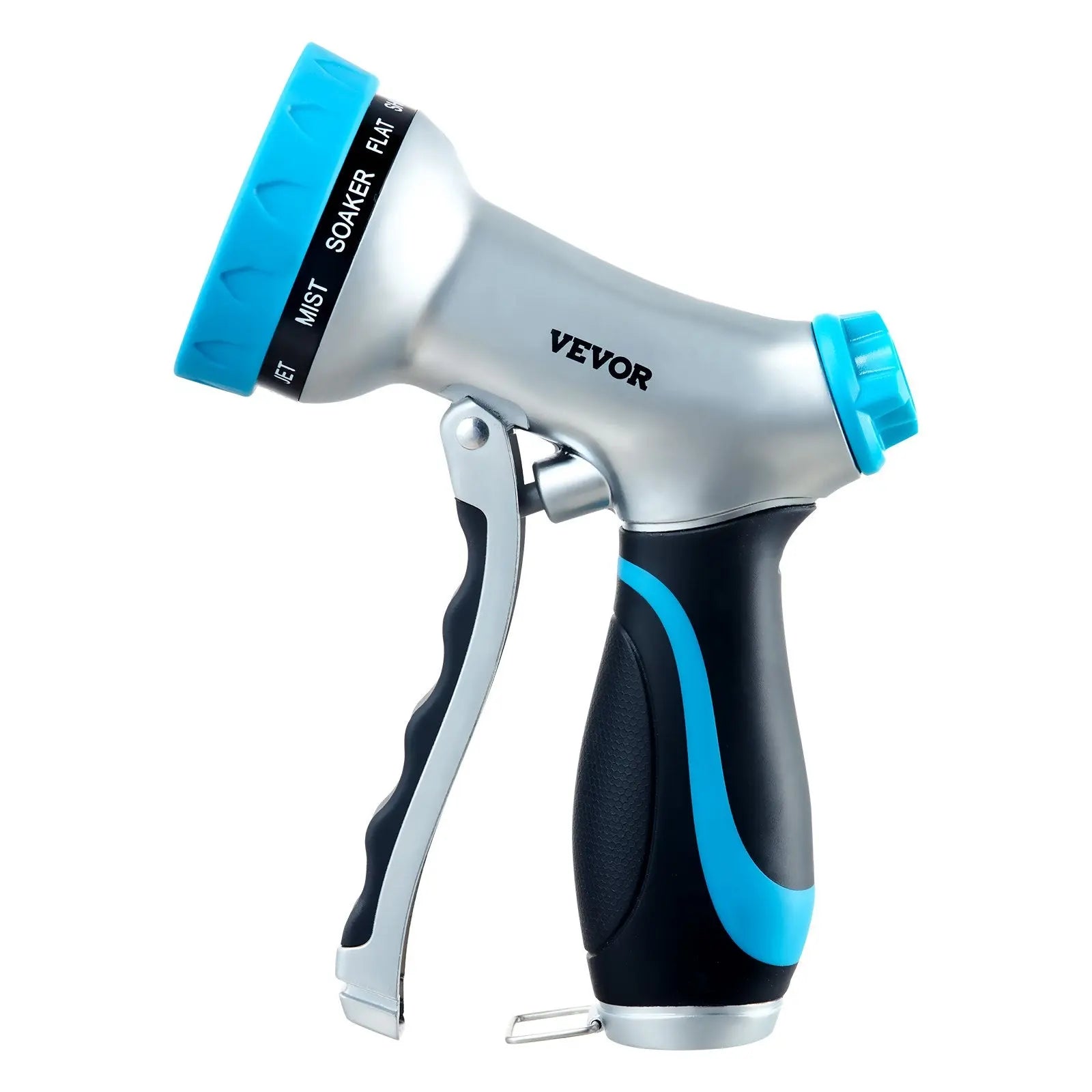 Adjustable garden hose nozzle with ergonomic grip and blue accents