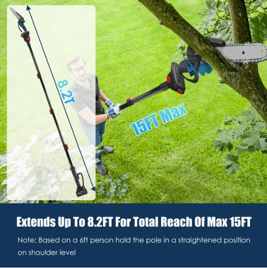 2-In-1 8' Cordless Electric Pole Saw And Mini Chainsaw With Extension Poles 2Pcs 21V 3.0Ah Batteries Adjustable Length Chain Saw With Auto Oiler Safety Switch For Wood Cutting