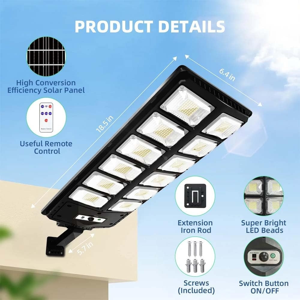 Solar LED motion sensor street light with remote control, illuminating dark areas with all-night glow.