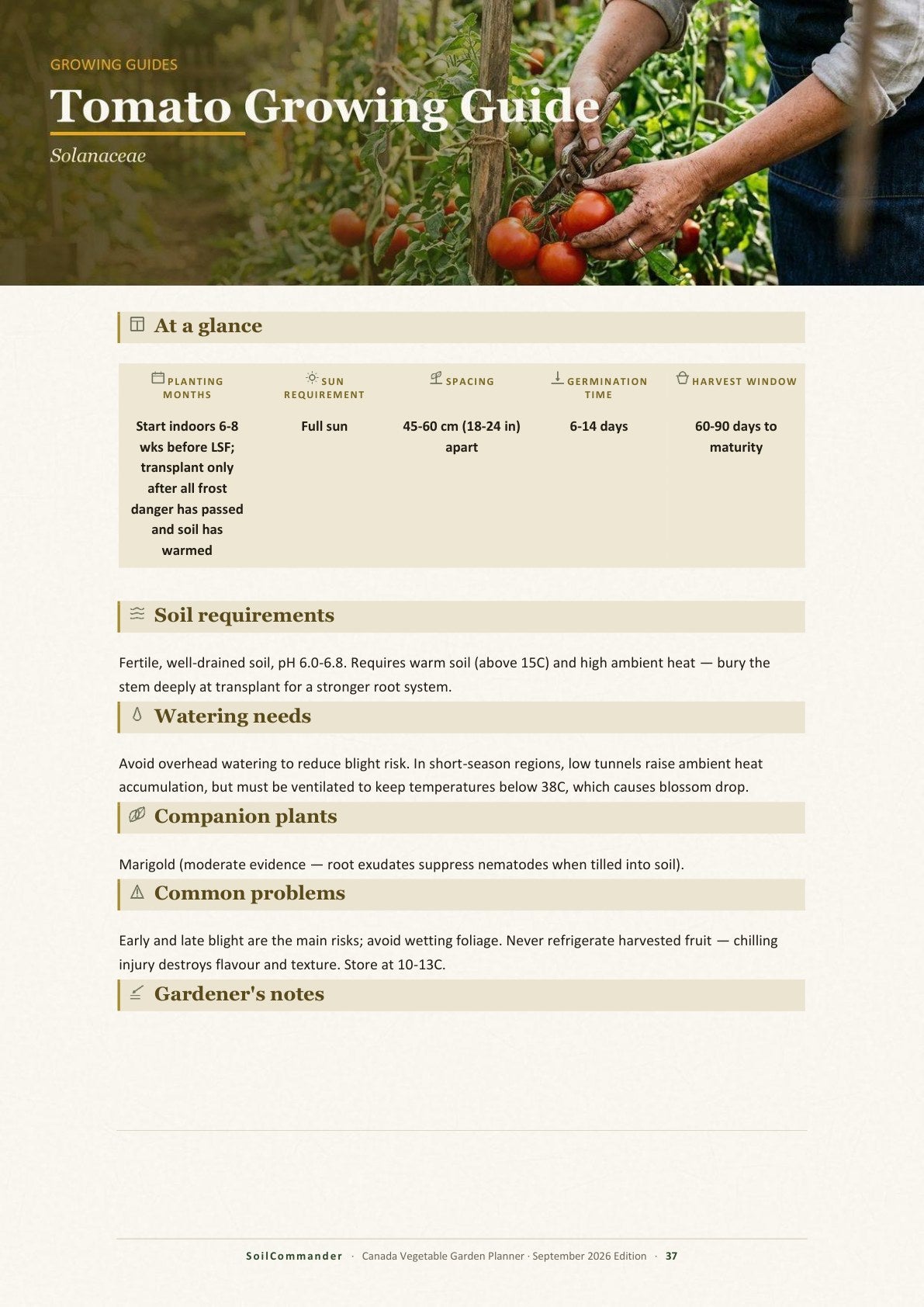 Inside the Canada vegetable garden planner PDF — A crop guide — spacing, soil, watering and problems at a glance (page 37)