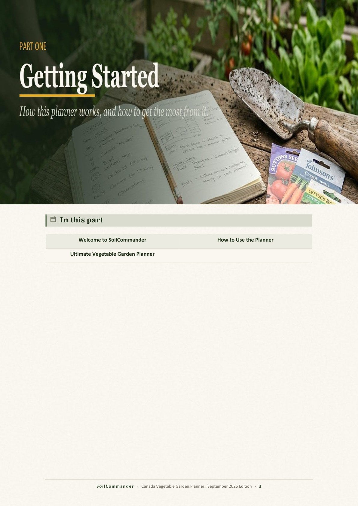Inside the Canada vegetable garden planner PDF — A part opener — every section starts with its own contents (page 3)