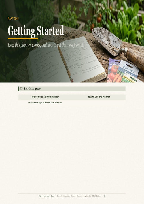 Inside the Canada vegetable garden planner PDF — A part opener — every section starts with its own contents (page 3)