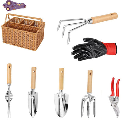 Hand Gardening Tools: Pruning Scissors, Gloves, Hoe, Shovel