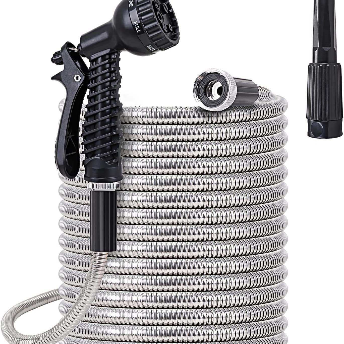 100ft Flexible Stainless Steel Garden Hose with 10-Pattern Spray Nozzles