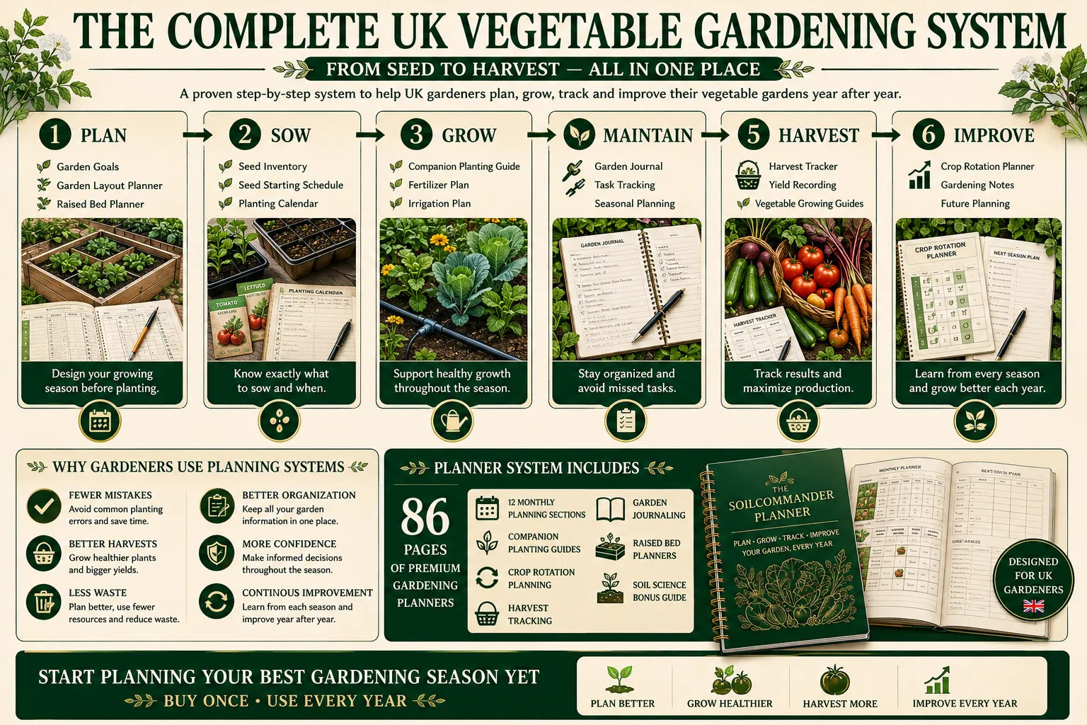 Seed inventory weekly jobs and harvest tracker pages in the UK vegetable garden planner