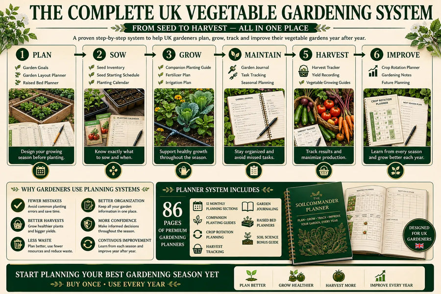 Seed inventory weekly jobs and harvest tracker pages in the UK vegetable garden planner