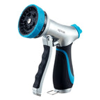 Multi-pattern garden hose nozzle with ergonomic grip and adjustable spray settings