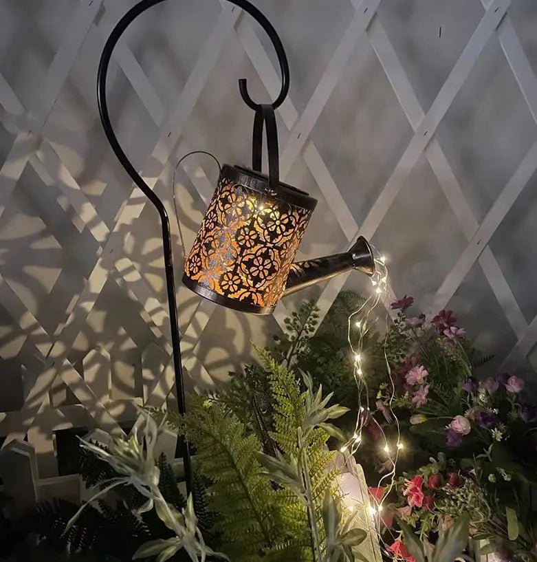 Enchanted Watering Can Outdoor Solar Watering Can Ornament Lamp Garden Art Light Decoration Hollow - out Iron Shower LED Lights - soilcommander