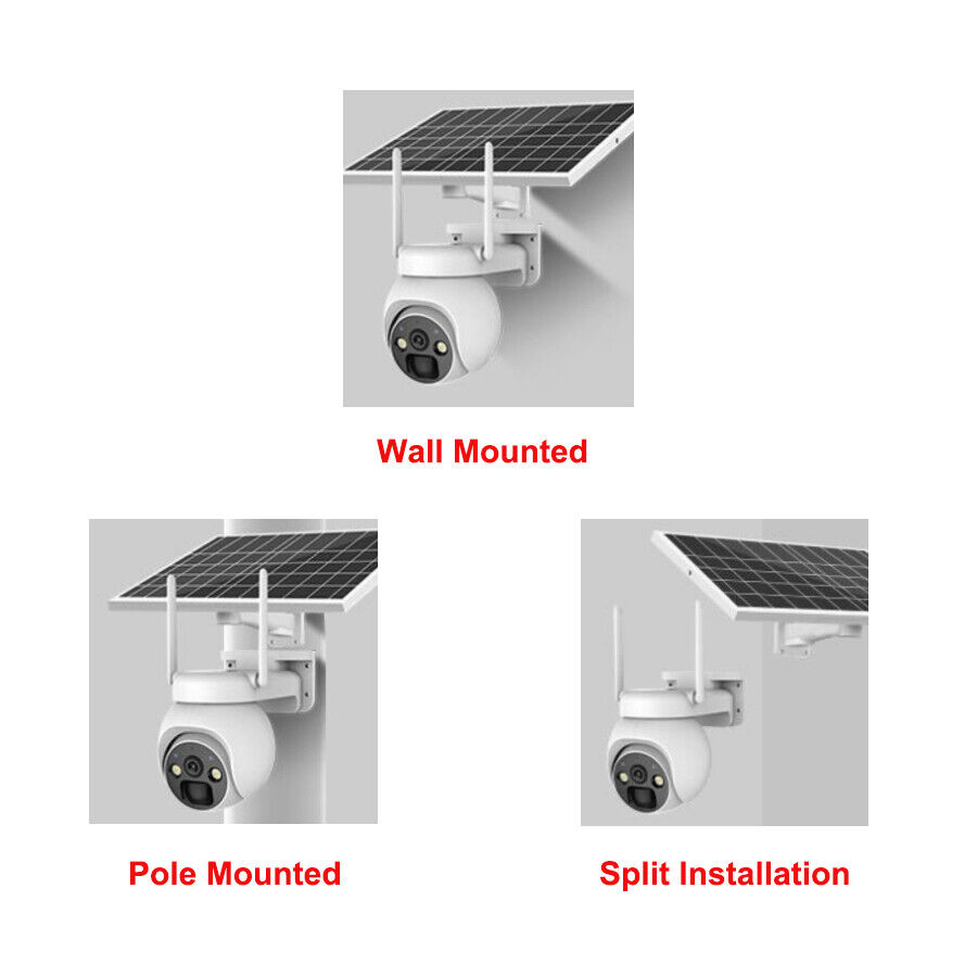 Solar-powered security camera with wall, pole, and split installation options on a white background.