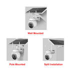Solar-powered security camera with wall, pole, and split installation options on a white background.